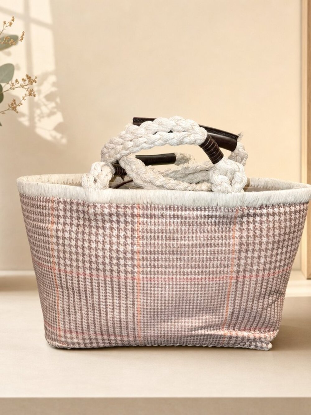 Ralph Lauren Jute Woven Pink Plaid Tote Bag Summer Beach